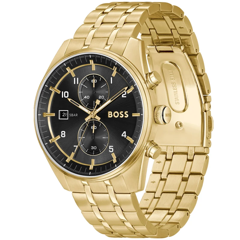 BOSS Skytraveller 1514152 Herren Armbanduhr Goldfarben • Seiko VD51 Quarzwerk • Leuchtzeiger