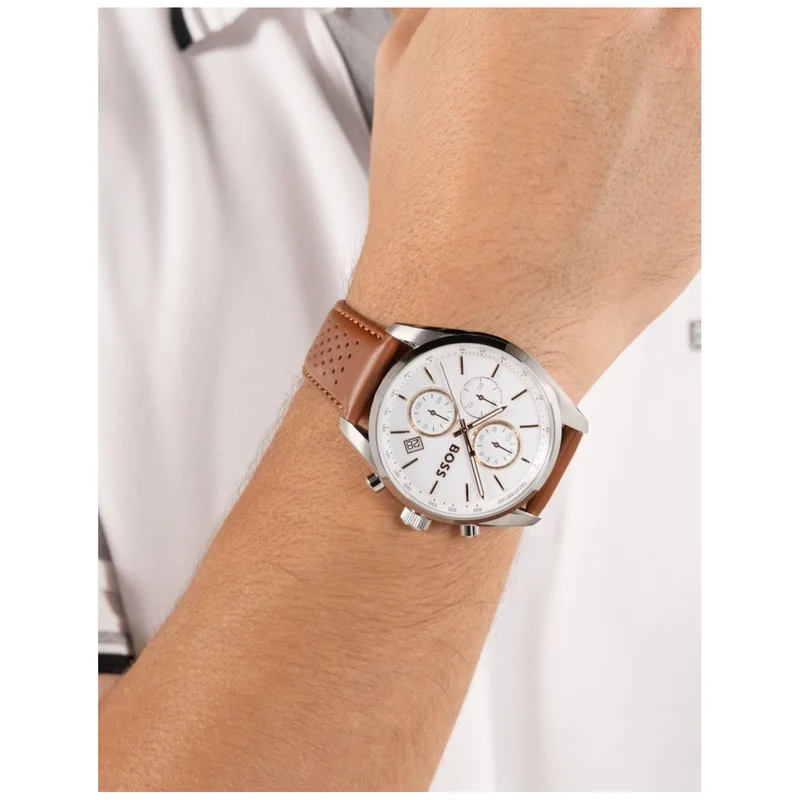 BOSS Grand Prix 1514313 Herren Armbanduhr Weiß • Chronograph mit Tachymeter • Perforiertes Lederarmband