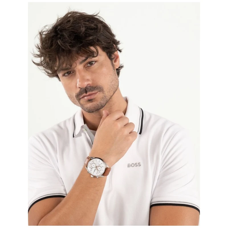 BOSS Grand Prix 1514313 Herren Armbanduhr Weiß • Chronograph mit Tachymeter • Perforiertes Lederarmband