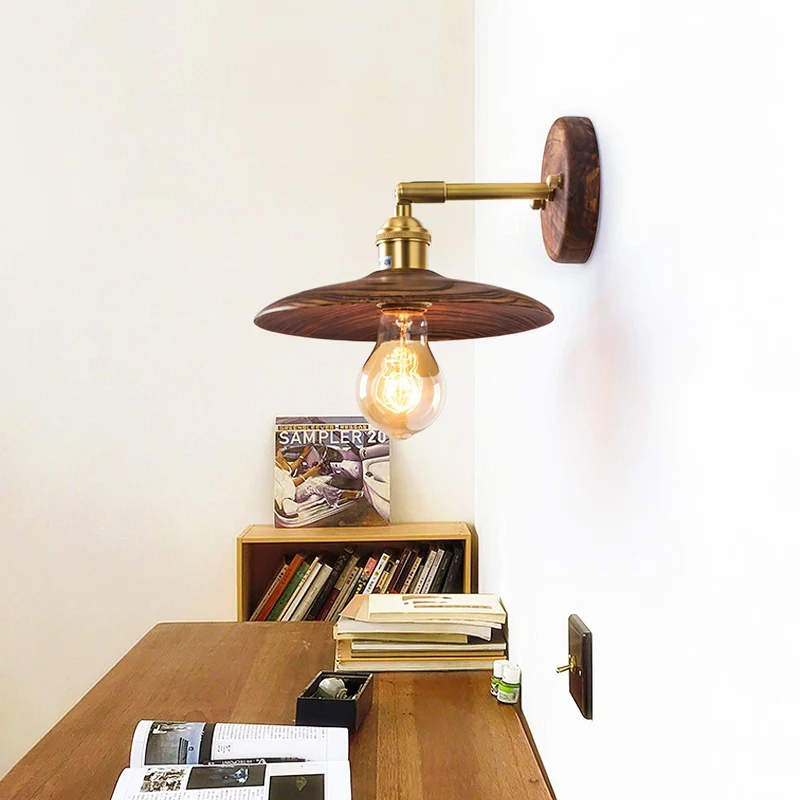 Wandlamp Walnotenhout Messing E27 20cm Rond Woonkamer Slaapkamer Gang Japandi