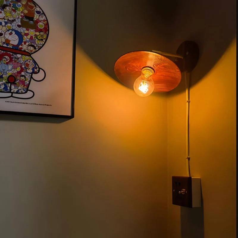 Wandlamp Walnotenhout Messing E27 20cm Rond Woonkamer Slaapkamer Gang Japandi