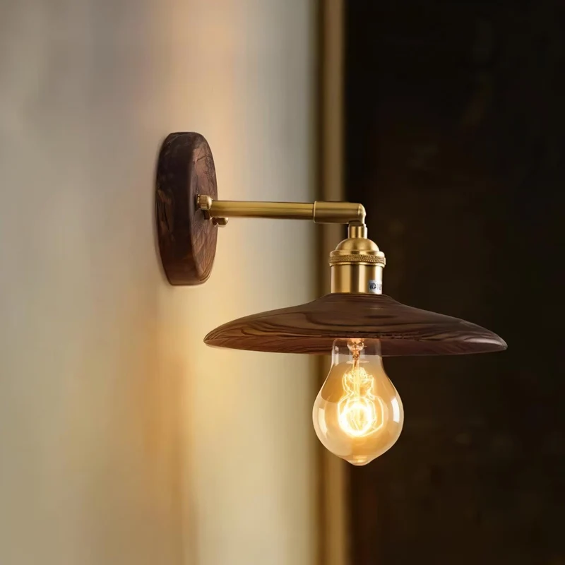 Wandlamp Walnotenhout Messing E27 20cm Rond Woonkamer Slaapkamer Gang Japandi