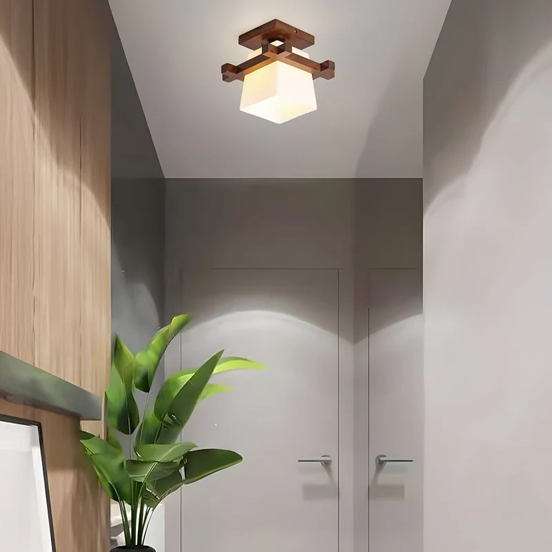 LED plafondlamp hout E27 wit Japandi hal slaapkamer woonkamer 20 cm vierkante plafondlamp Japanse stijl | Sansoti