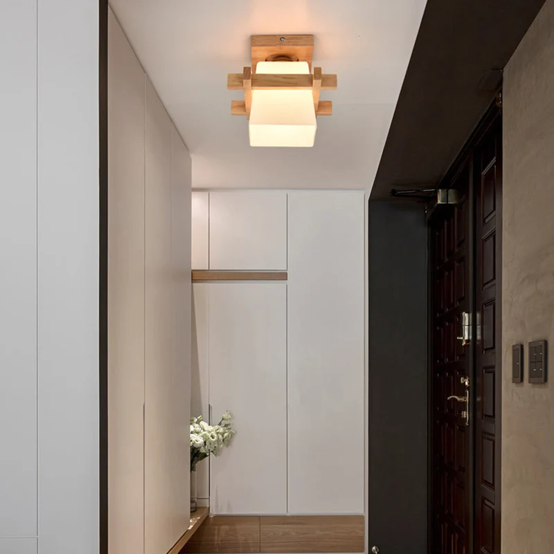 LED plafondlamp hout E27 wit Japandi hal slaapkamer woonkamer 20 cm vierkante plafondlamp Japanse stijl | Sansoti