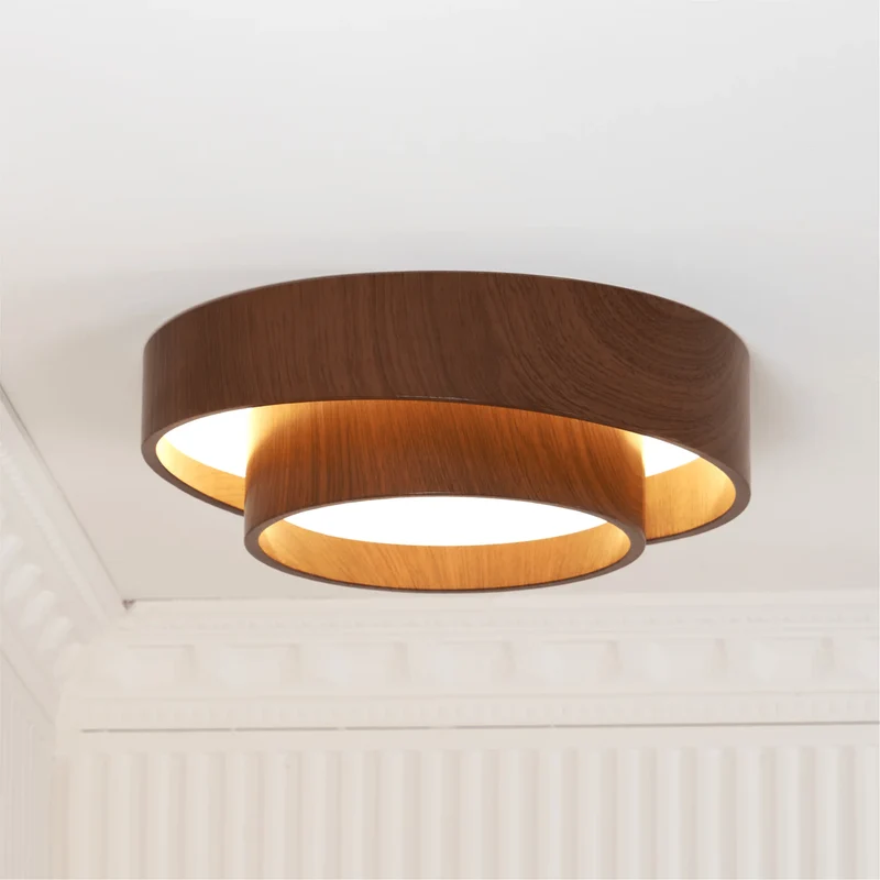 LED plafondlamp houtlook walnoot Japandi woonkamer slaapkamer ronde plafondlamp moderne verlichting houtnerf look | Sansoti