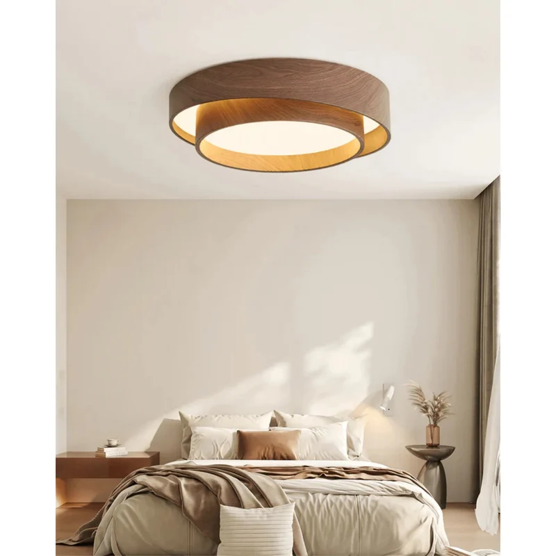 LED plafondlamp houtlook walnoot Japandi woonkamer slaapkamer ronde plafondlamp moderne verlichting houtnerf look | Sansoti
