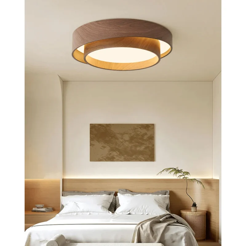 LED plafondlamp houtlook walnoot Japandi woonkamer slaapkamer ronde plafondlamp moderne verlichting houtnerf look | Sansoti