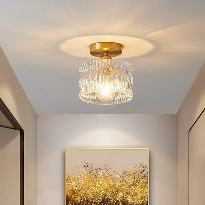 Glazen plafondlamp E27 goud hal slaapkamer woonkamer ribbelglas plafondverlichting compact modern interieur | Sansoti