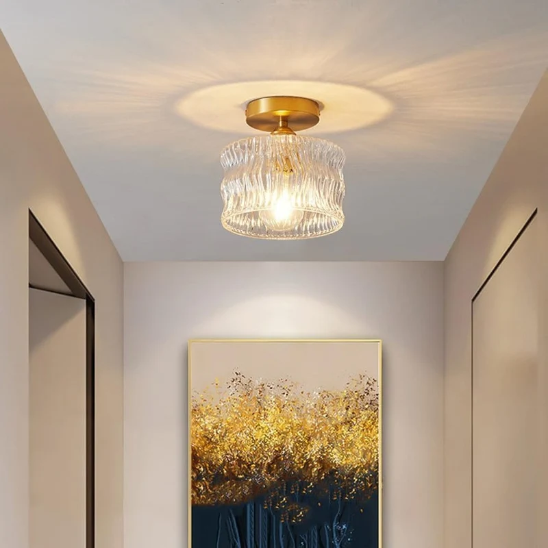 Glazen plafondlamp E27 goud hal slaapkamer woonkamer ribbelglas plafondverlichting compact modern interieur | Sansoti