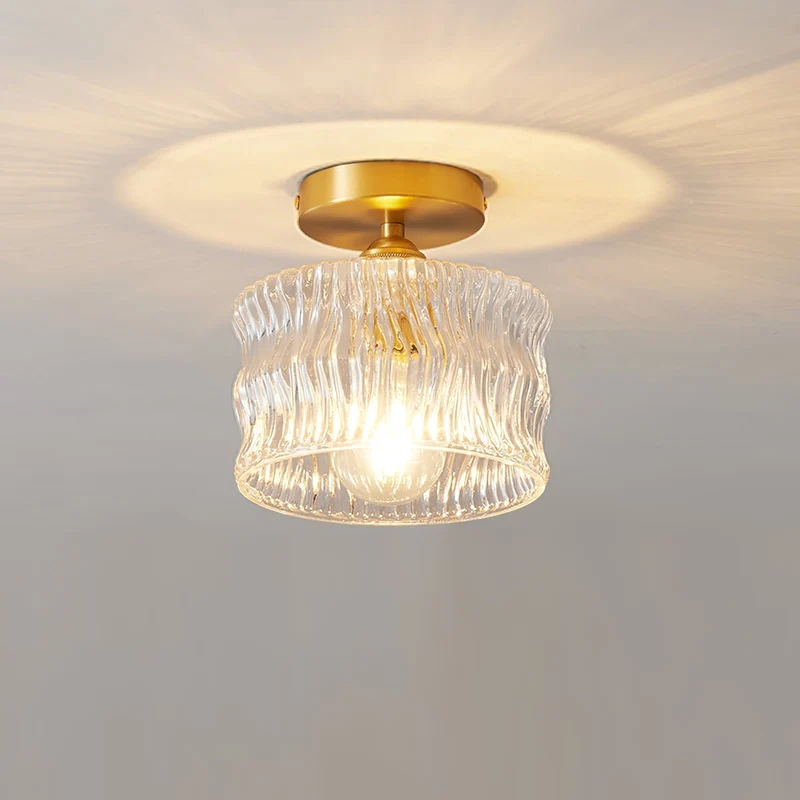 Glazen plafondlamp E27 goud hal slaapkamer woonkamer ribbelglas plafondverlichting compact modern interieur | Sansoti