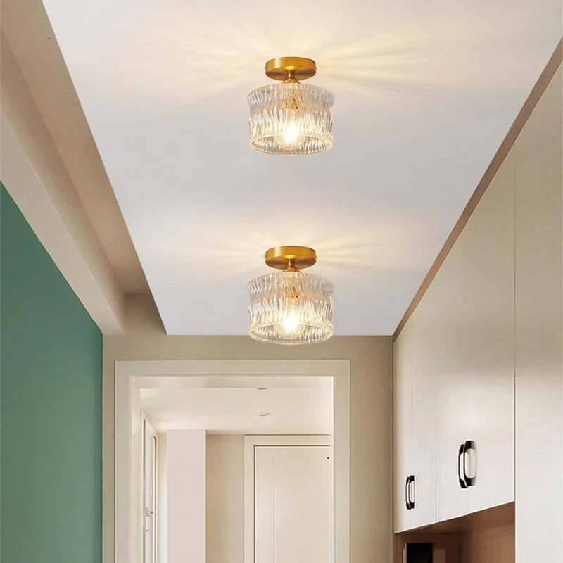 Glazen plafondlamp E27 goud hal slaapkamer woonkamer ribbelglas plafondverlichting compact modern interieur | Sansoti