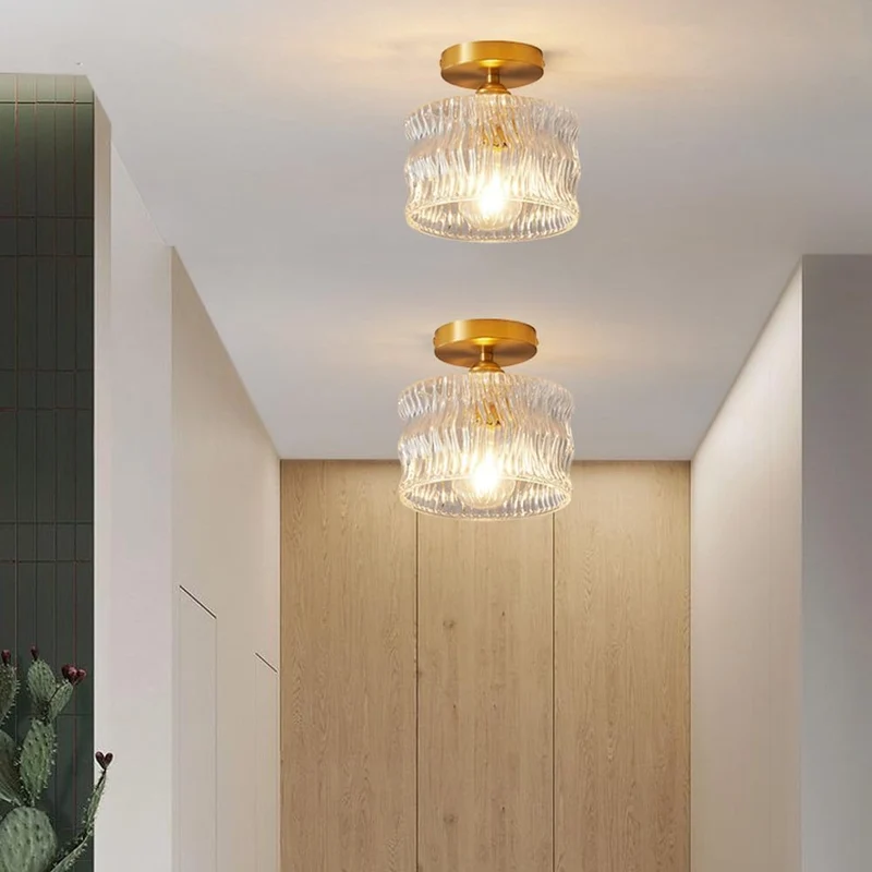 Glazen plafondlamp E27 goud hal slaapkamer woonkamer ribbelglas plafondverlichting compact modern interieur | Sansoti