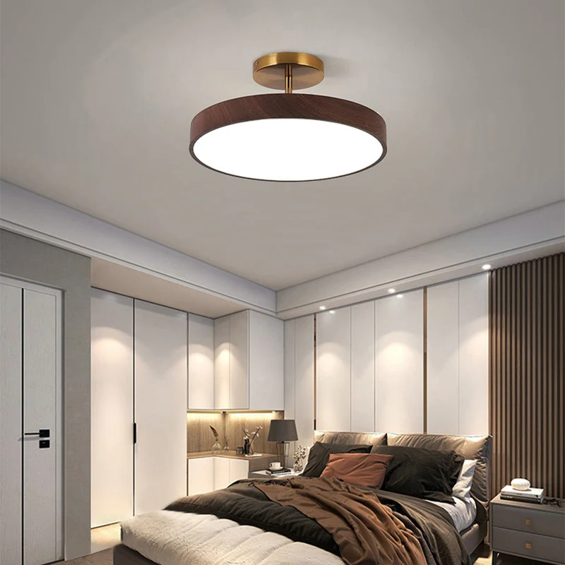 LED Plafondlamp Houtlook Goud Rond Half-Opbouw Woonkamer Slaapkamer Eetkamer Design Plafondverlichting | Sansoti