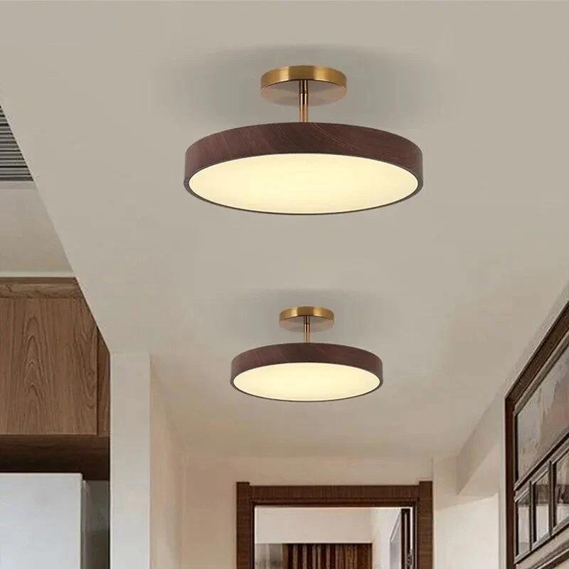 LED Plafondlamp Houtlook Goud Rond Half-Opbouw Woonkamer Slaapkamer Eetkamer Design Plafondverlichting | Sansoti