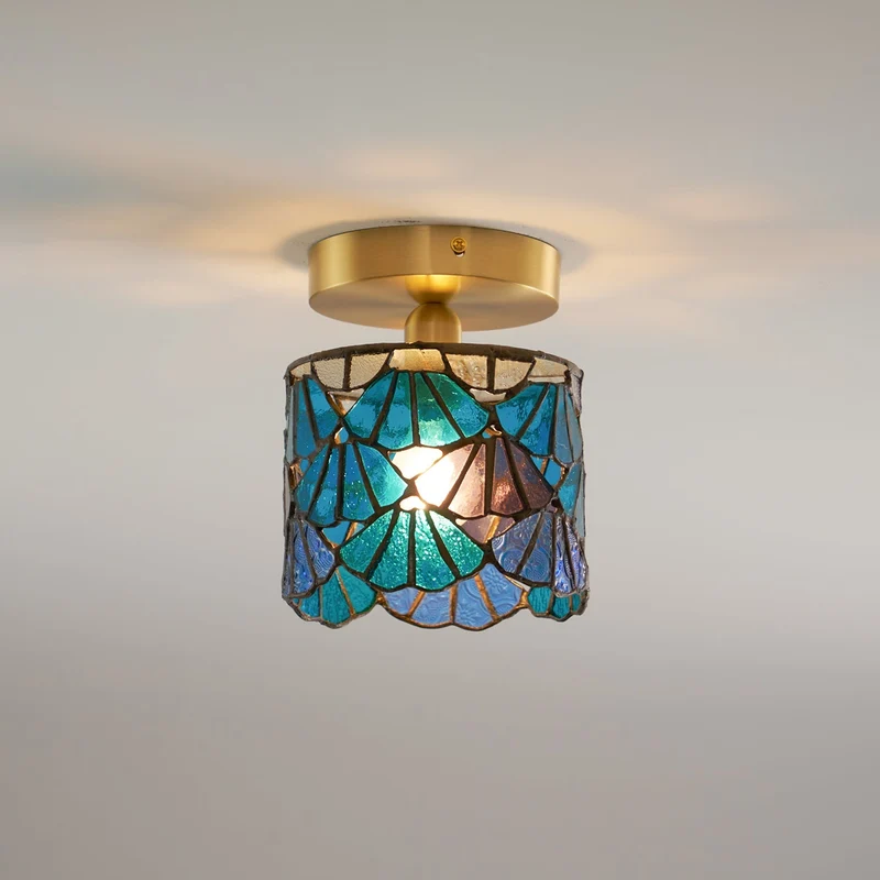 Vezari Tiffany plafondlamp glas mozaïek messing E14 blauw roze badkamer gang plafondverlichting vintage plafondlamp Tiffany stijl | Sansoti