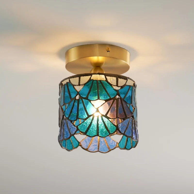 Vezari Tiffany plafondlamp glas mozaïek messing E14 blauw roze badkamer gang plafondverlichting vintage plafondlamp Tiffany stijl | Sansoti