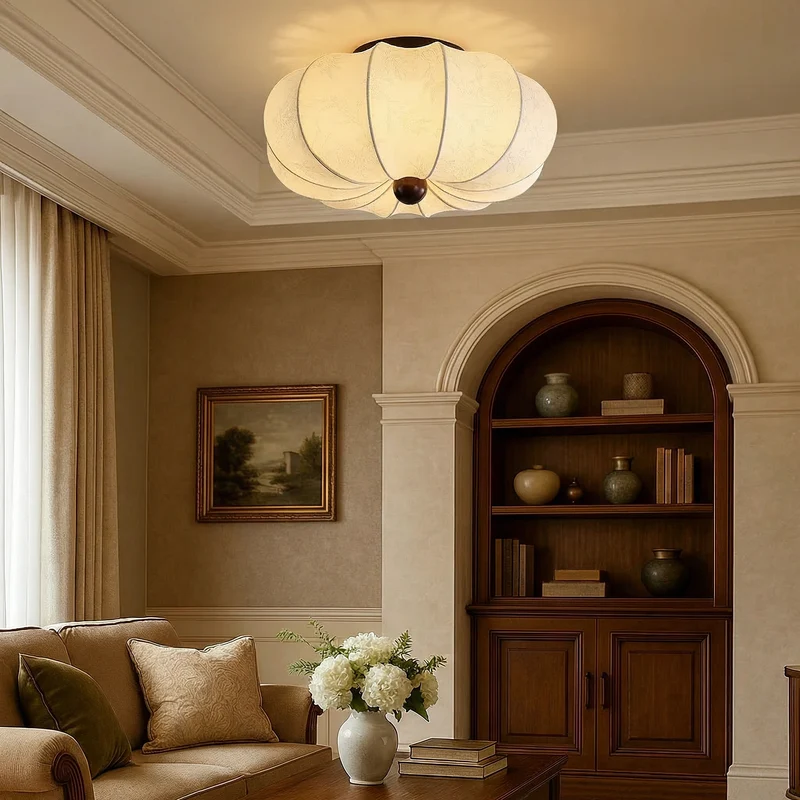 Middeleeuwse zijden plafondlamp E27 stof wit plafondlamp woonkamer slaapkamer hal klassieke verlichting rond design 40cm 50cm 60cm | Sansoti