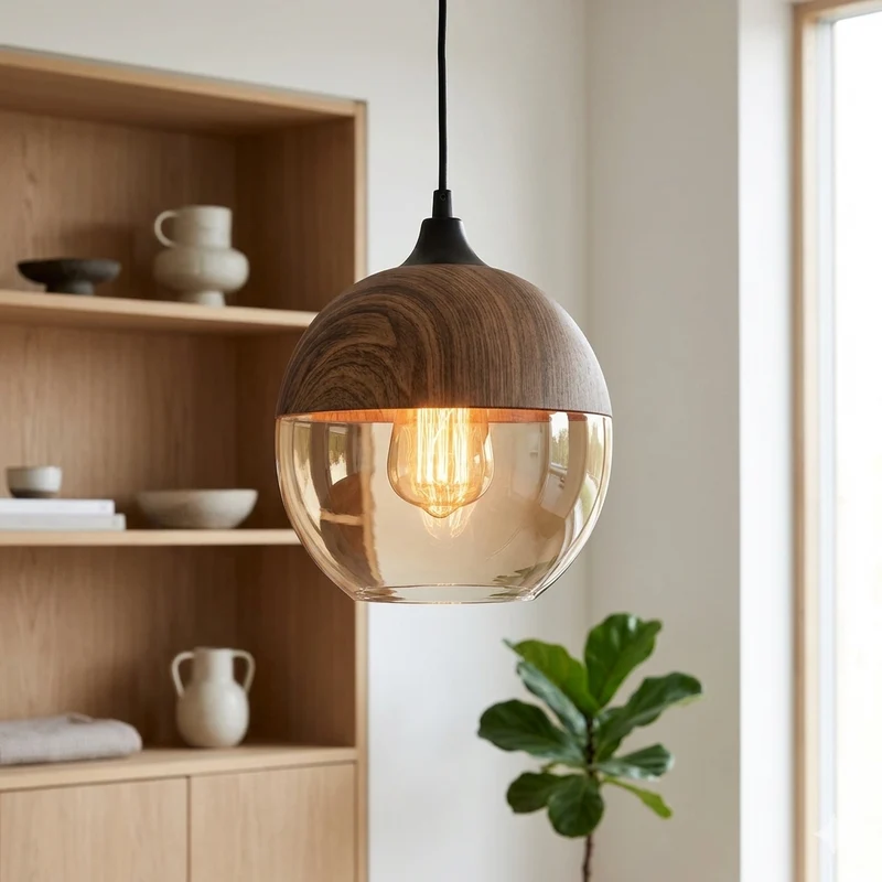 Scandinavische Hanglamp van Glas met Houtlook – Warme Designverlichting voor Woonkamer & Eetkamer | Sansoti