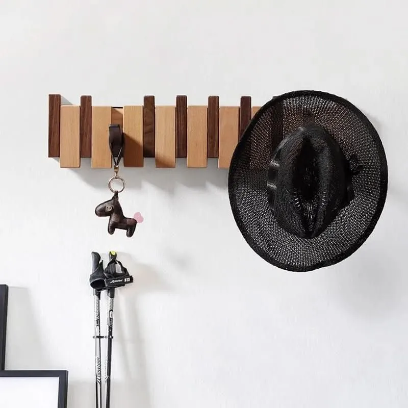 Houten Wandgarderobe in Klavierdesign – Handgemaakte Kapstok met Inklapbare Haken | Sansoti