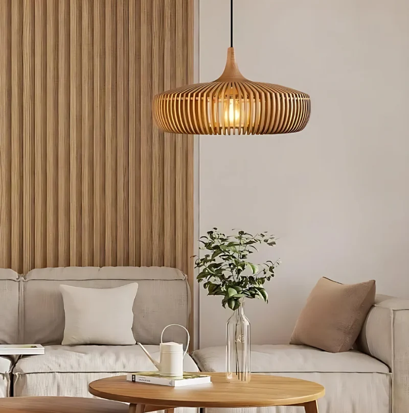 Houten Hanglamp Japandi Design Massief Hout 43cm | Sansoti