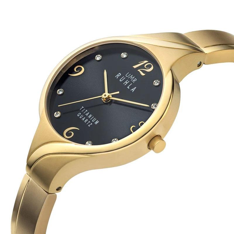 UMR Ruhla RUHLA-Style RS42444 Armbanduhr Schwarz-Gold • Titan-Halbspangenband • Swarovski Steinchen