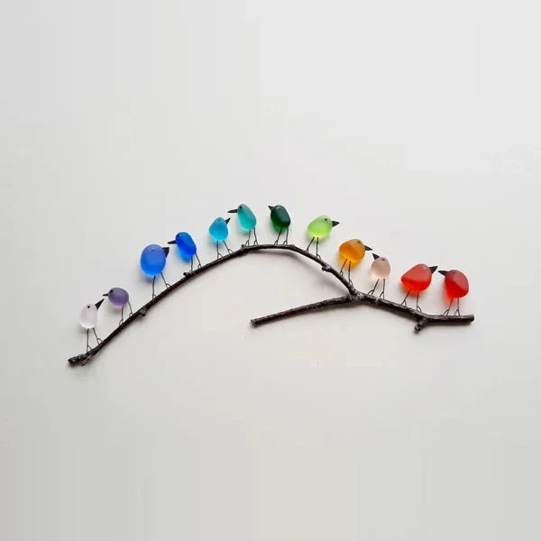 Zeeglas Vogels Wanddecoratie op Drijfhout 8-12 Vogels Handgemaakt Regenboog Kunstwerk Natuurlijk Hout | Sansoti