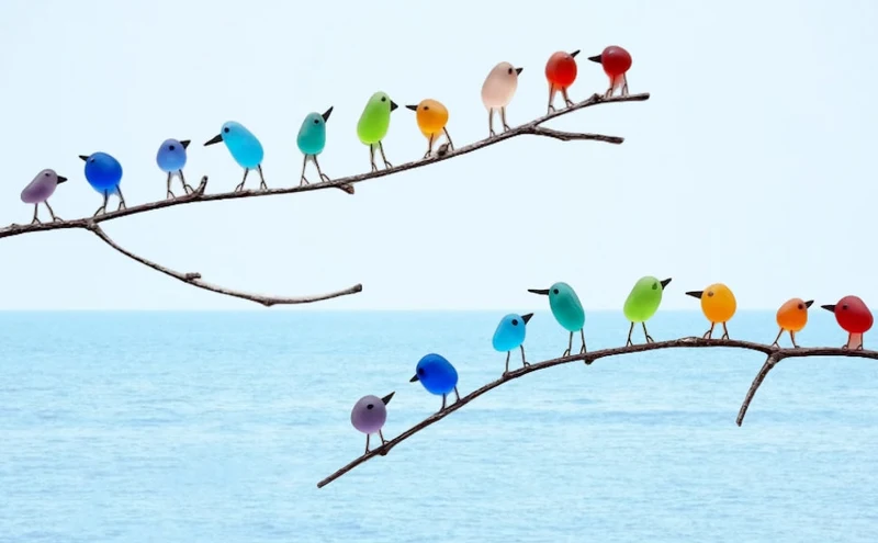 Zeeglas Vogels Wanddecoratie op Drijfhout 8-12 Vogels Handgemaakt Regenboog Kunstwerk Natuurlijk Hout | Sansoti