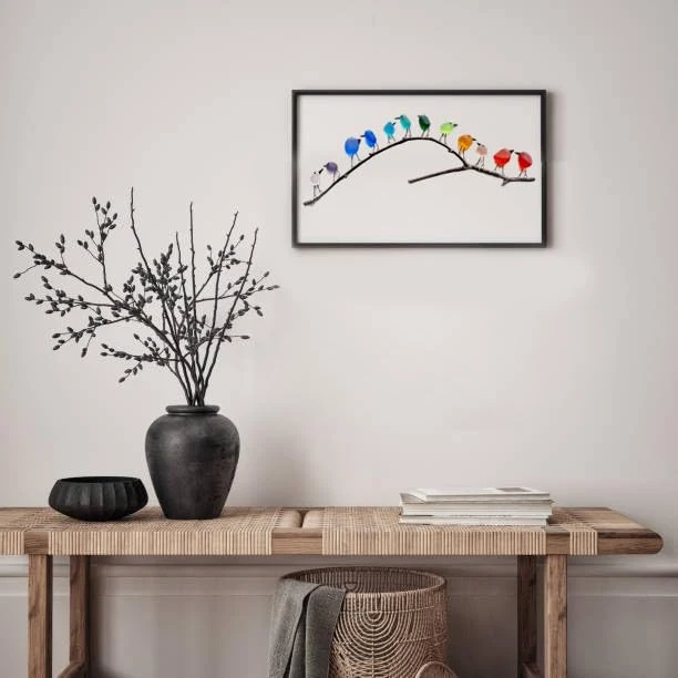 Zeeglas Vogels Wanddecoratie op Drijfhout 8-12 Vogels Handgemaakt Regenboog Kunstwerk Natuurlijk Hout | Sansoti
