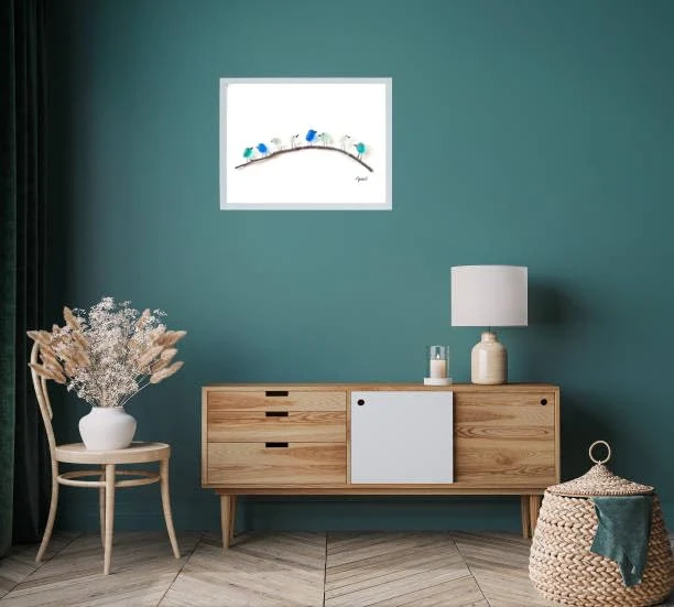 Zeeglas Vogels Wanddecoratie op Drijfhout 8-12 Vogels Handgemaakt Regenboog Kunstwerk Natuurlijk Hout | Sansoti