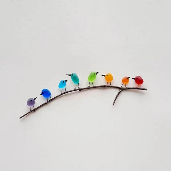 Zeeglas Vogels Wanddecoratie op Drijfhout 8-12 Vogels Handgemaakt Regenboog Kunstwerk Natuurlijk Hout | Sansoti