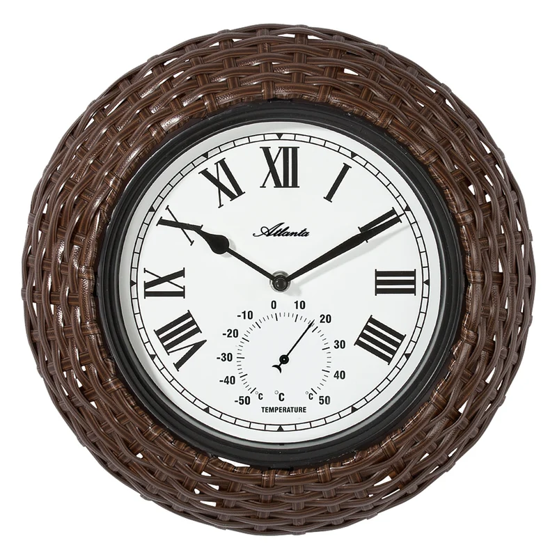 Atlanta Korb-Look 4477 Wanduhr Braun • Außenbereich geeignet • Temperaturanzeige