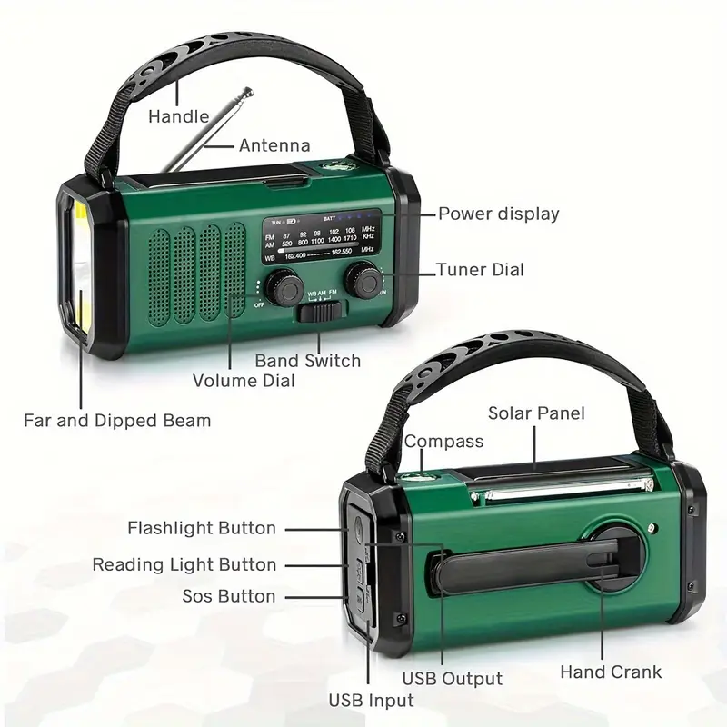 Multifunctionele Dynamo Noodradio 10000mAh Zonnepaneel Handslinger Weeralarm Zaklamp Powerbank Camping | Sansoti