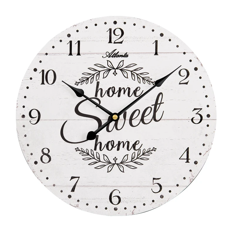 Atlanta Home sweet home 4569/0 Wanduhr Weiß • Arabische Ziffern • Holzoptik-Motiv