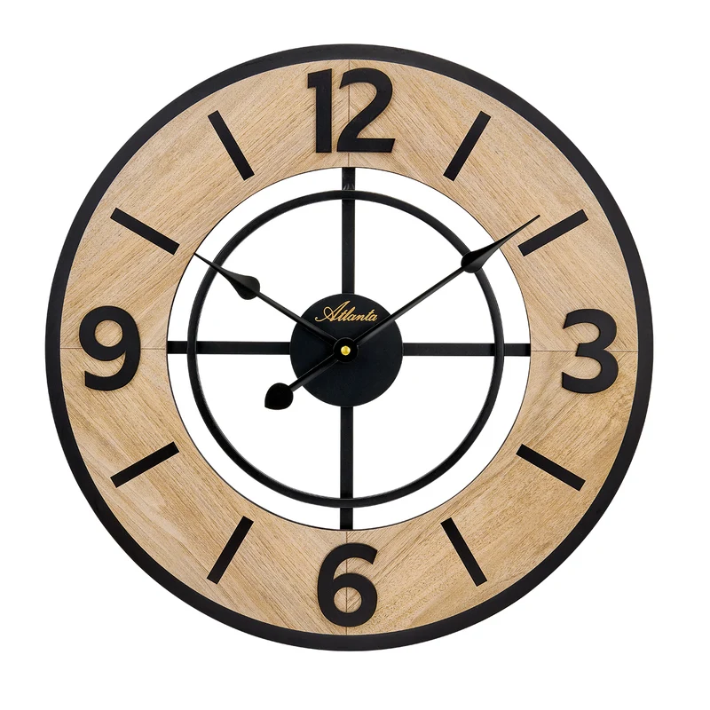 Atlanta Design 4568 Wanduhr Schwarz/Eiche • Schwarzer Metallrahmen • Arabische Ziffern