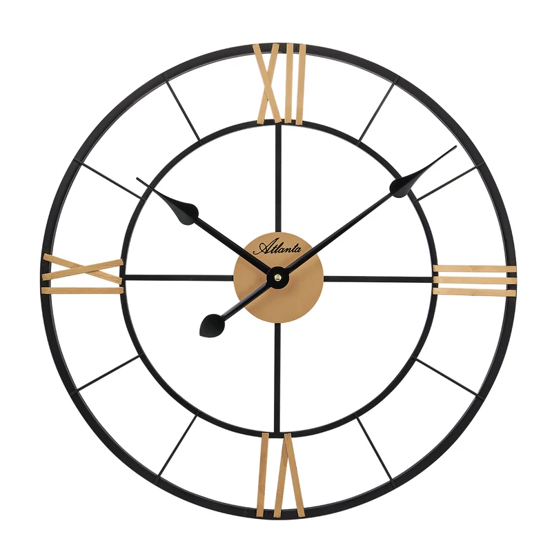 Atlanta DESIGN 4567 Wanduhr Schwarz/Gold • Römische Ziffern • Großformat Ø 50 cm