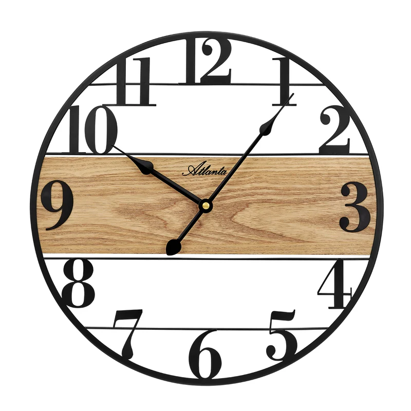 Atlanta Design 4566 Wanduhr Schwarz/Eiche • Arabische Ziffern • Metall & MDF