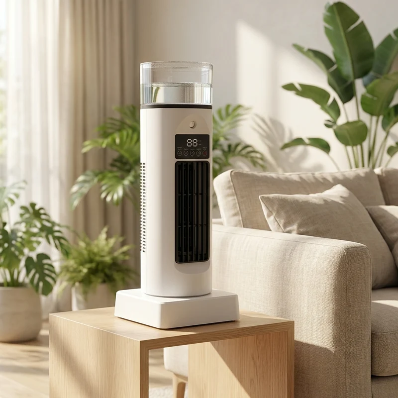 Compacte Bureaukoeler met Luchtbevochtiger 6 Snelheden USB-Ventilator Bladloos Torenmodel LED Kantoor | Sansoti