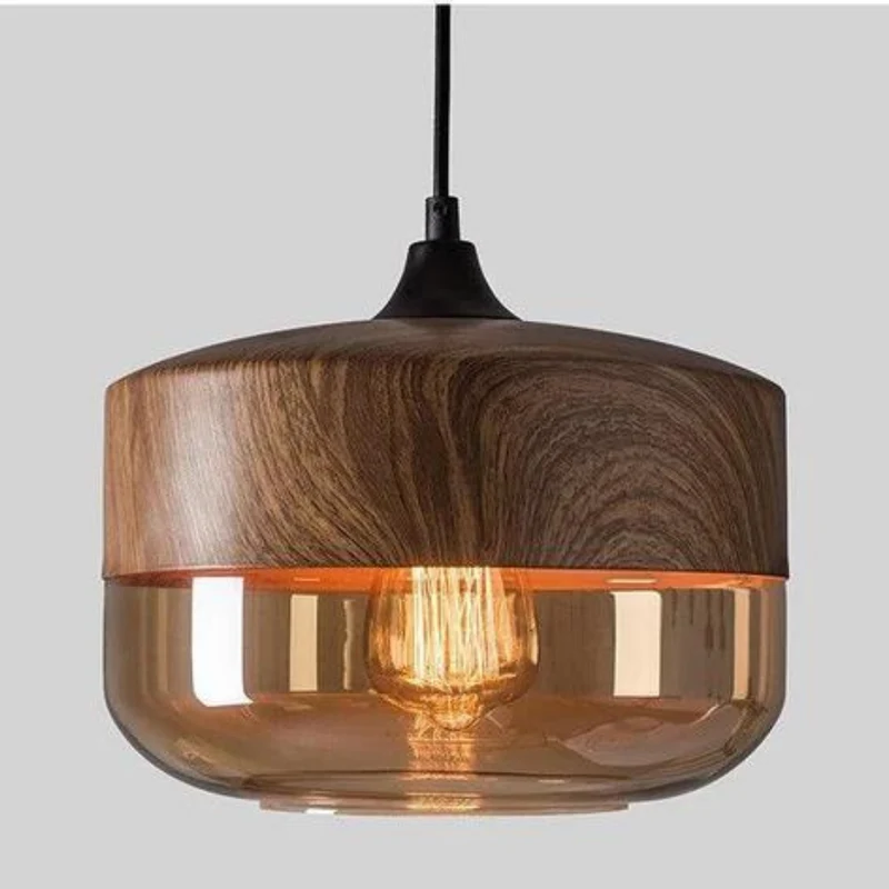 Scandinavische Hanglamp met Glazen Kap – Dimbaar Plafondlicht met Houtafwerking | Sansoti
