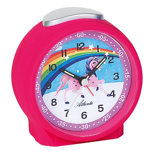 Atlanta 1981/17 Wecker Rosa/Pink • Einhorn-Motiv • Schleichende Sekunde