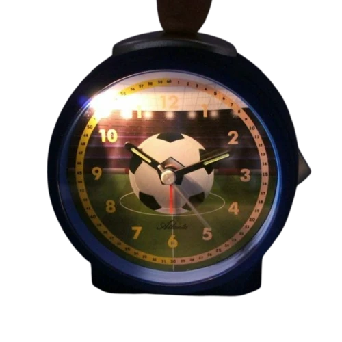 Atlanta 1981/15 Wecker Blau • Fußball-Motiv Spielfeld • Schleichende Sekunde