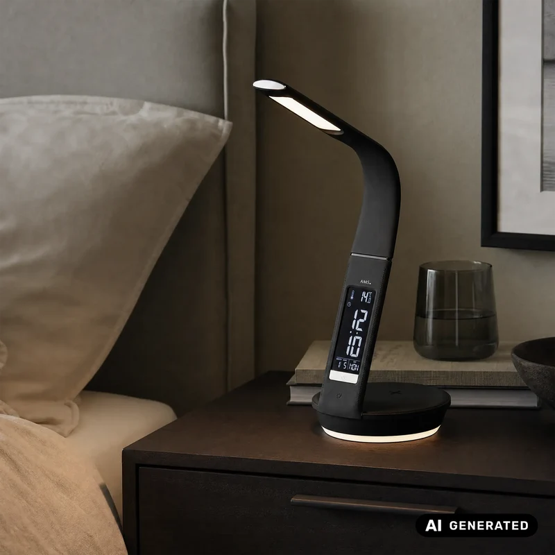 AMS Lichtwecker T1305 Wecker Schwarz • Digitales Quarzwerk • Nachtlicht & Smartphone-Ladefunktion