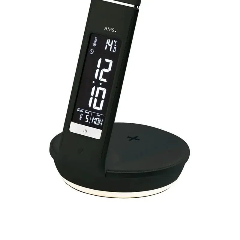 AMS Lichtwecker T1305 Wecker Schwarz • Digitales Quarzwerk • Nachtlicht & Smartphone-Ladefunktion