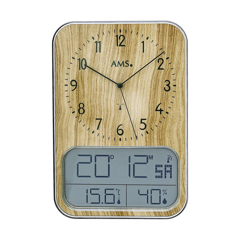 AMS Funk F5891 Wanduhr • Analog & Digital • Holzstruktur