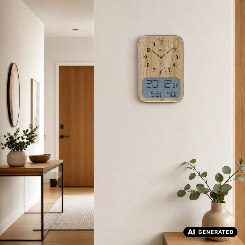 AMS Funk F5891 Wanduhr • Analog & Digital • Holzstruktur