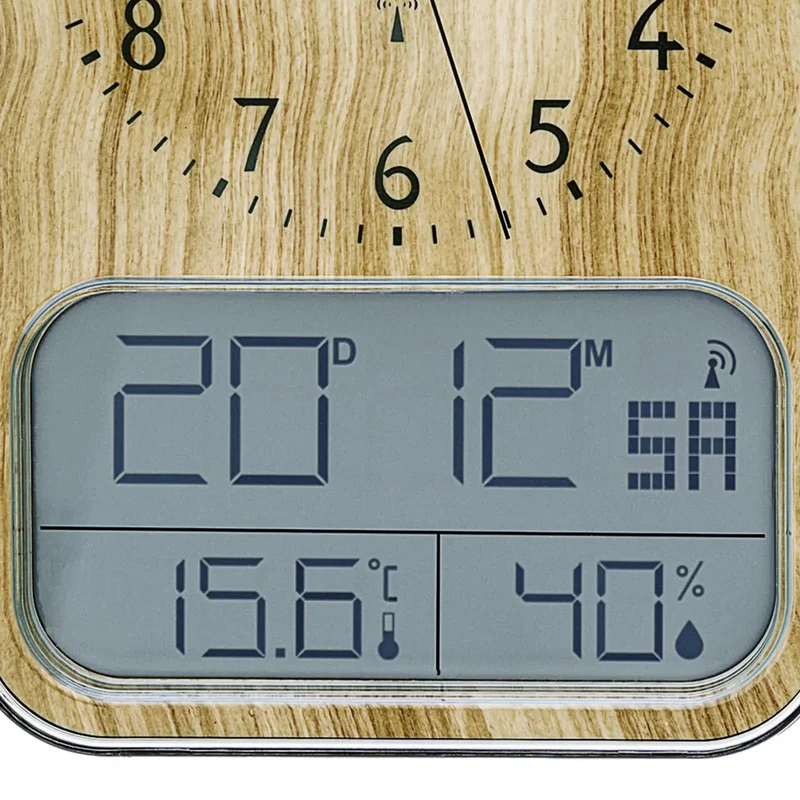 AMS Funk F5891 Wanduhr • Analog & Digital • Holzstruktur