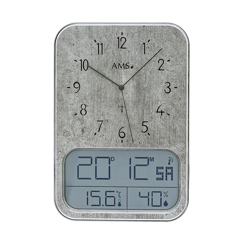 AMS Funk 5891G Wanduhr • Analog & Digital • Steinstruktur