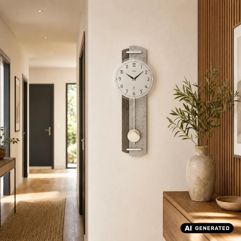 AMS F5331 Wanduhr Steinstruktur • Funk-Pendelwerk • Holzgehäuse