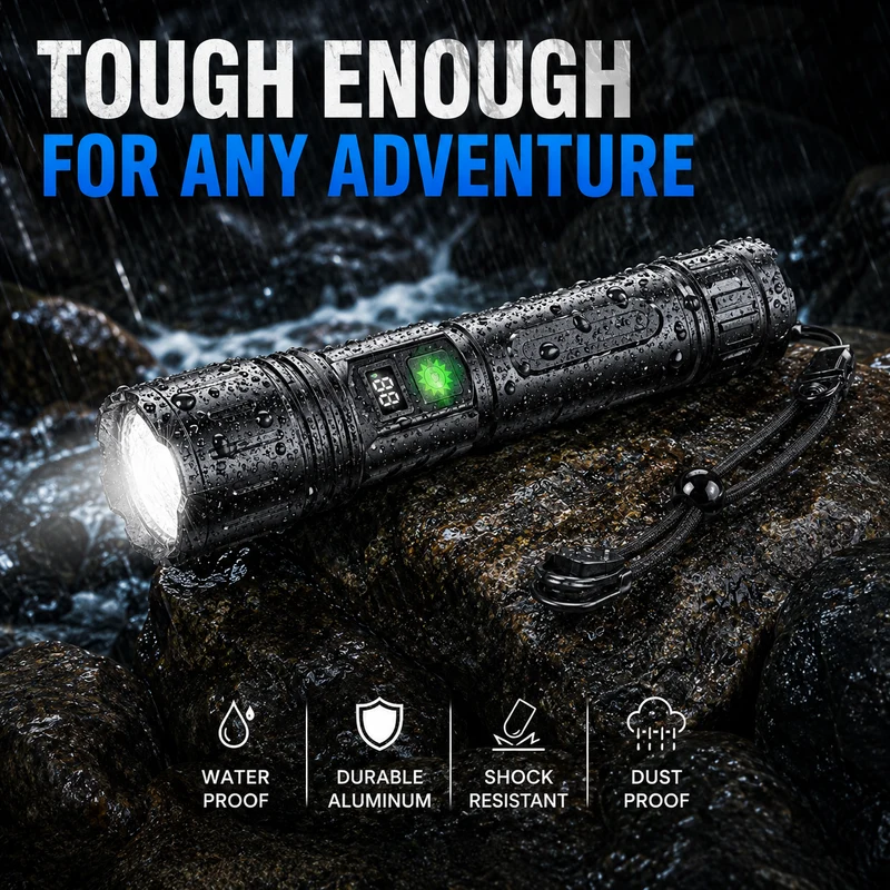 Tactische Zaklamp met Oplaadbare 5000mAh Batterij - Krachtige LED 100000 Lumen - Waterdicht & Schokbestendig - Met LCD Batterij-indicator & Powerbank Functie | Sansoti