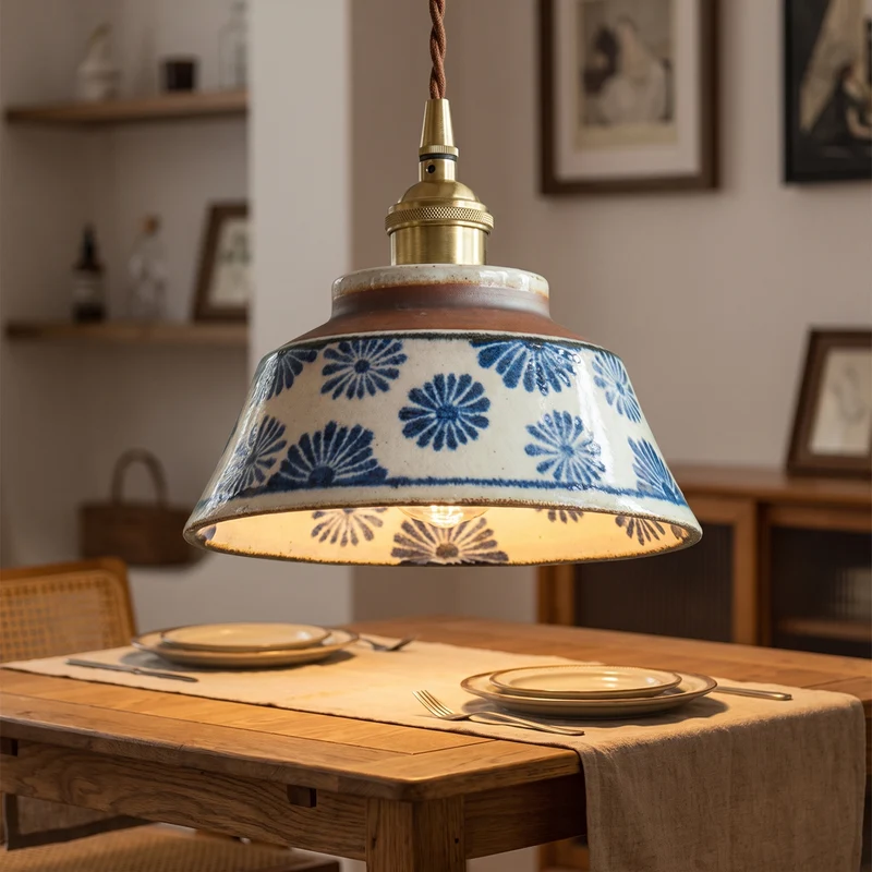 Hanglamp Eettafel Keramiek Handgeschilderd Bloemmotief Koperen Fitting E27 Inclusief Lichtbron 4 Dessins | Sansoti