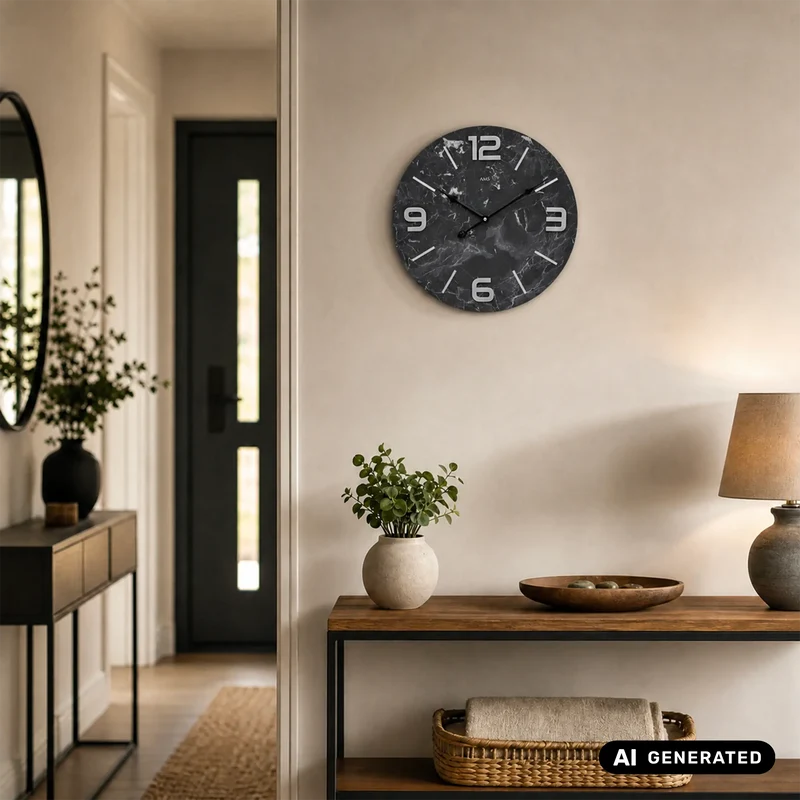 AMS W9707 Wanduhr Anthrazit • Holzgehäuse mit Metallziffern • Quarzwerk